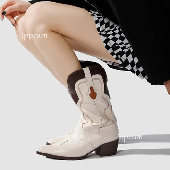 Ковбойские сапоги IPPEUM Для женщин с широкой вышивкой до середины икры, Туфли на массивном каблуке в стиле вестерн-Ковбойки Абрикосового цвета