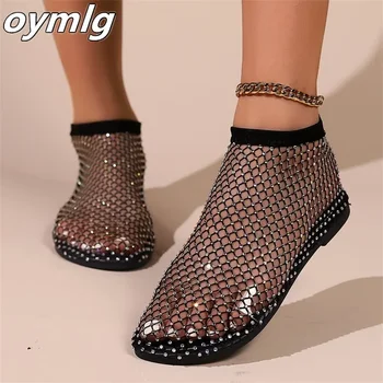Новые Летние сандалии с круглым носком, украшенные бриллиантами, 2024, Короткие сапоги, Летние Сексуальные туфли на большой плоской подошве